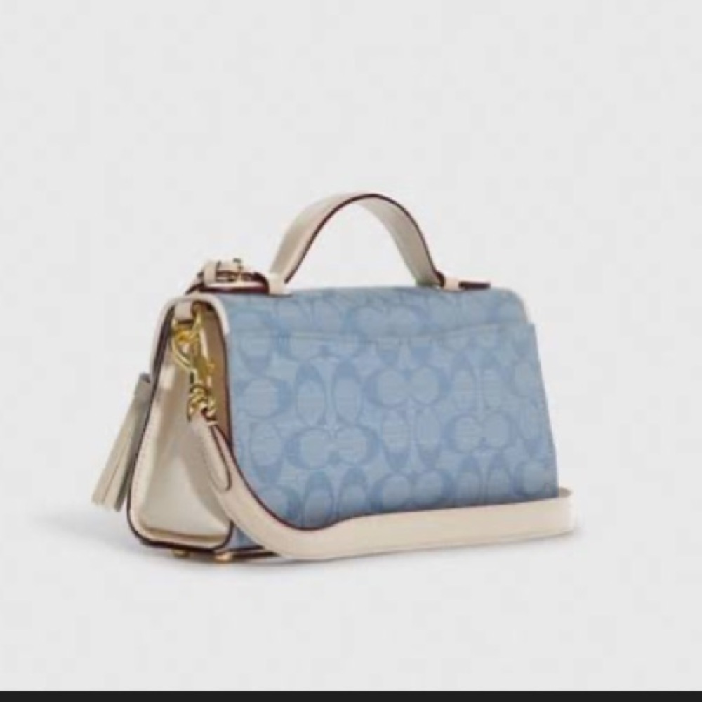 NWT Coach Kleo Top Handle In Signature Chambray blue and white leather Strap - Picture 4 of 8